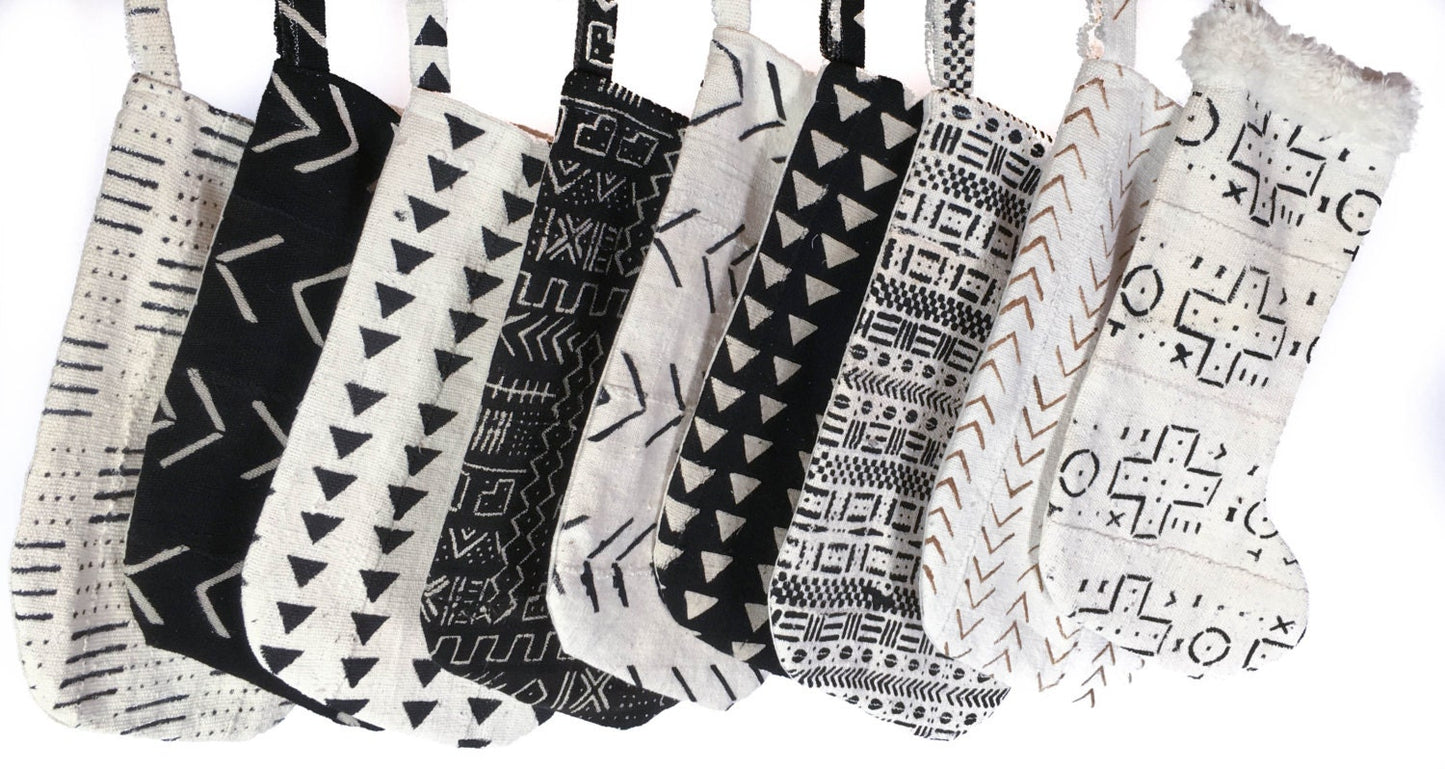 Mud Cloth Christmas Stocking Mudcloth Stocking Black w/ White Triangle Print