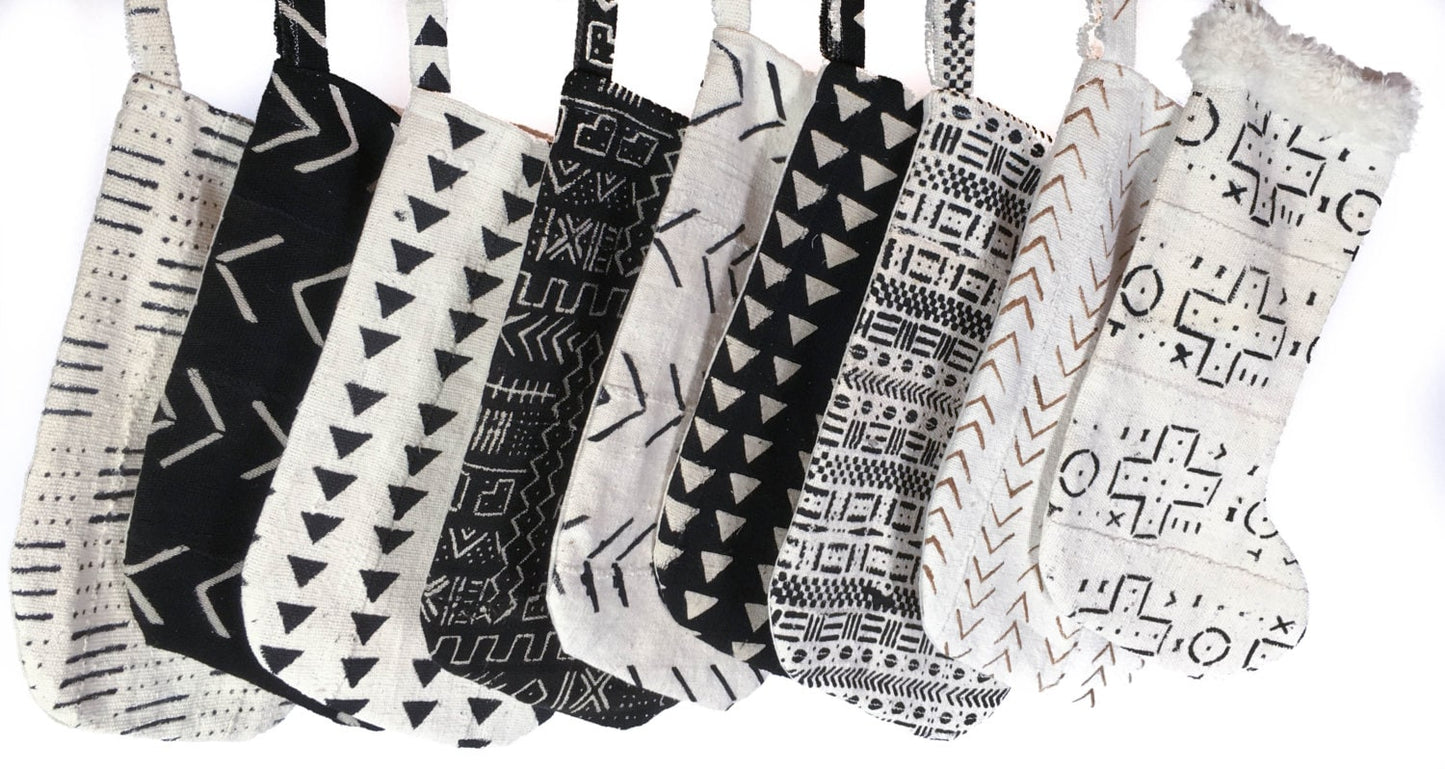 Mud Cloth Christmas Stocking Mudcloth Stocking White w/ Coffee Bean Print