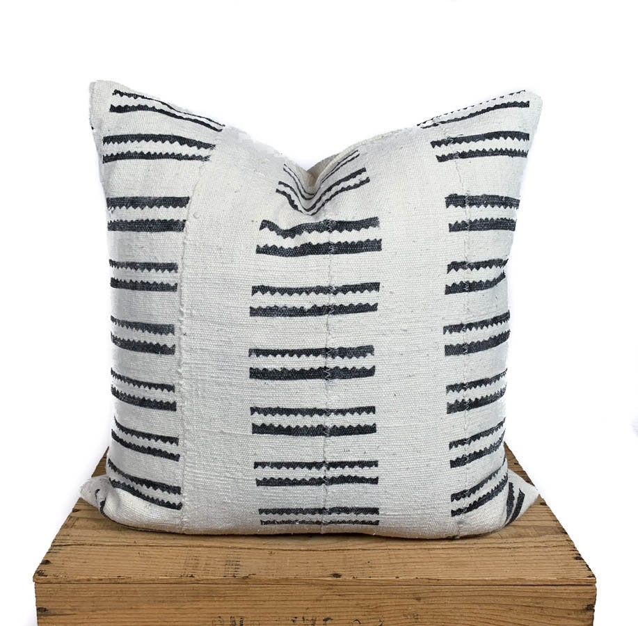 African Mudcloth Pillow Cover, with Black Tribal Bar Pattern, 18 Inch square