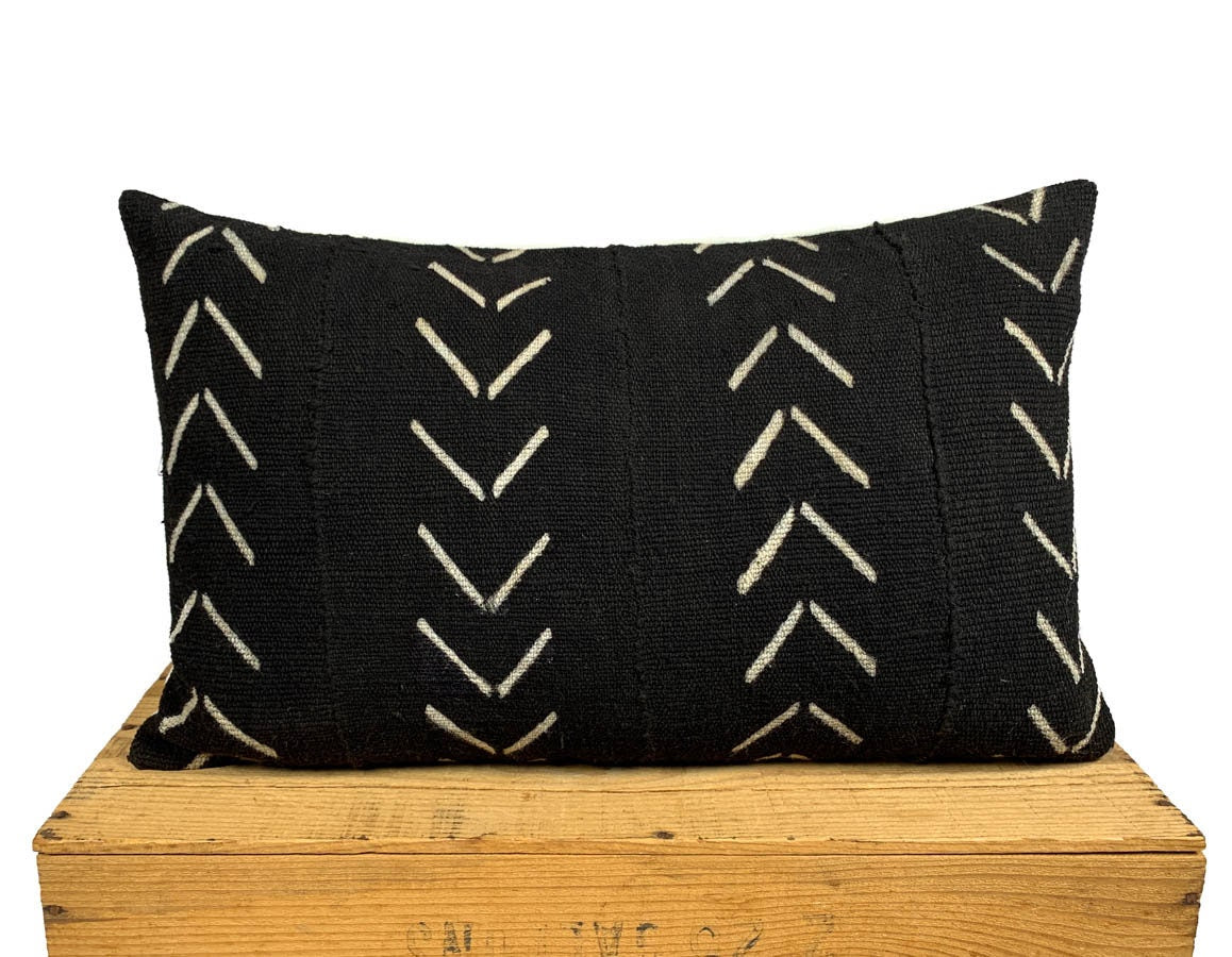 African Mudcloth Pillow, Throw Pillow Cover, 12x24 Inch Lumbar, Black and White, 'Maxwell'