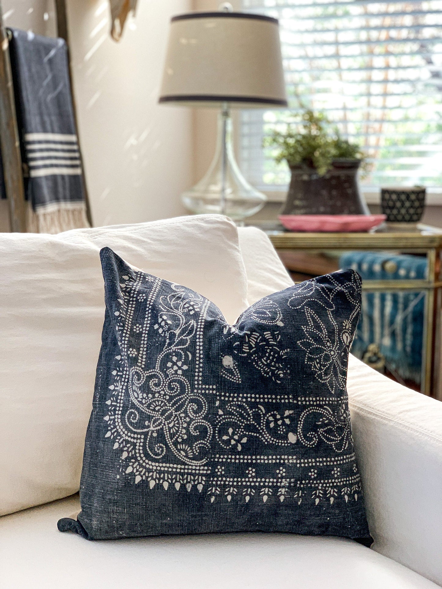 Vintage Chinese Batik Pillow, Dusty Blue Gray Color,