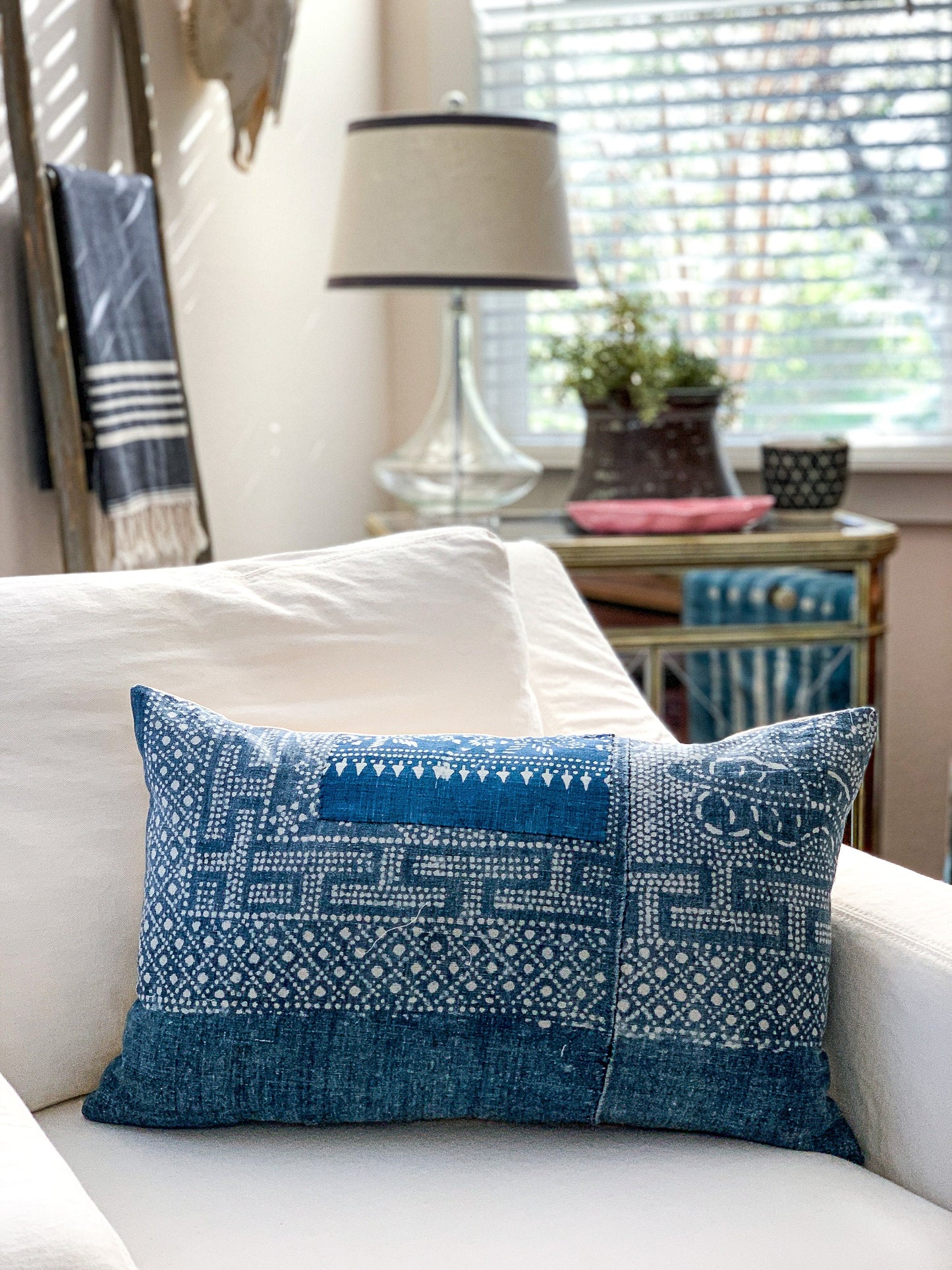 Vintage Chinese Batik Pillows, Light Faded Indigo, Square and Lumbar, Multiple Sizes Available