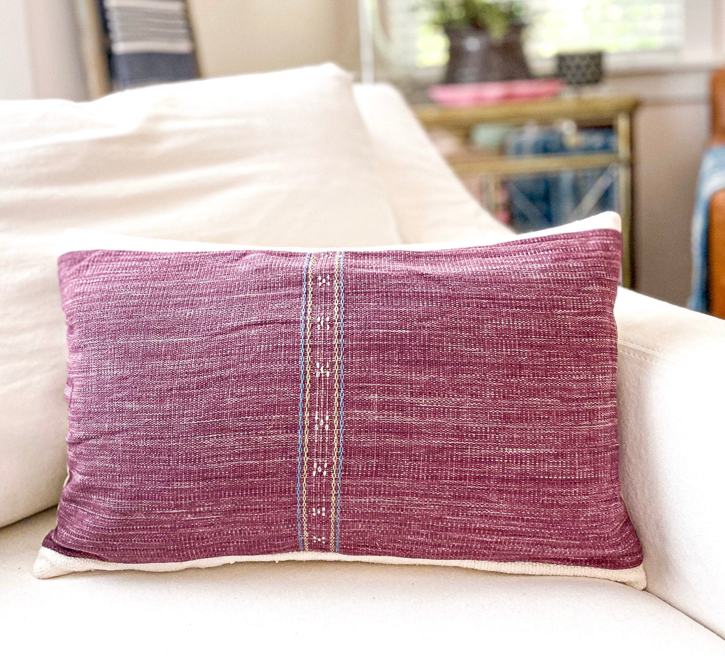 Hmong Pillow, Vintage, Purple with White Edge