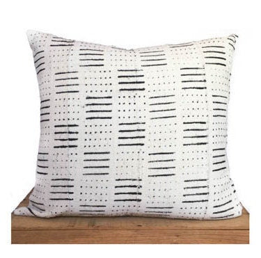 Dots and Dashes White African Mud Cloth Pillow Cover Boho Mudcloth