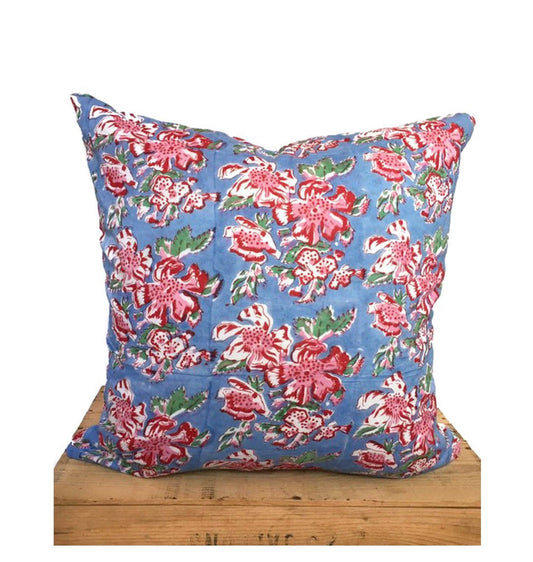 Indian Block Print Pillow Cover 20" Blue and Pink