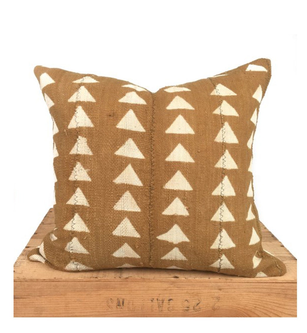 Brown/Tan African Mud Cloth Pillow Cover, 18 Inch Square, Triangle Print, Authentic Mudcloth Pillow | 'Carlyle'