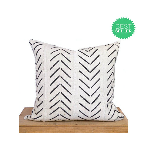 Authentic White African Mud Cloth Pillow Cover, Mudcloth Pillows, Multiple Sizes Available, Boho, Farmhouse, "Catherine'
