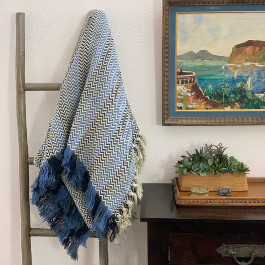 Large Turkish Tassel Blanket | Woven Cotton Throw Blanket | Hand Made Tassels | Bed Cover | Blue, Black and White Chevron Design