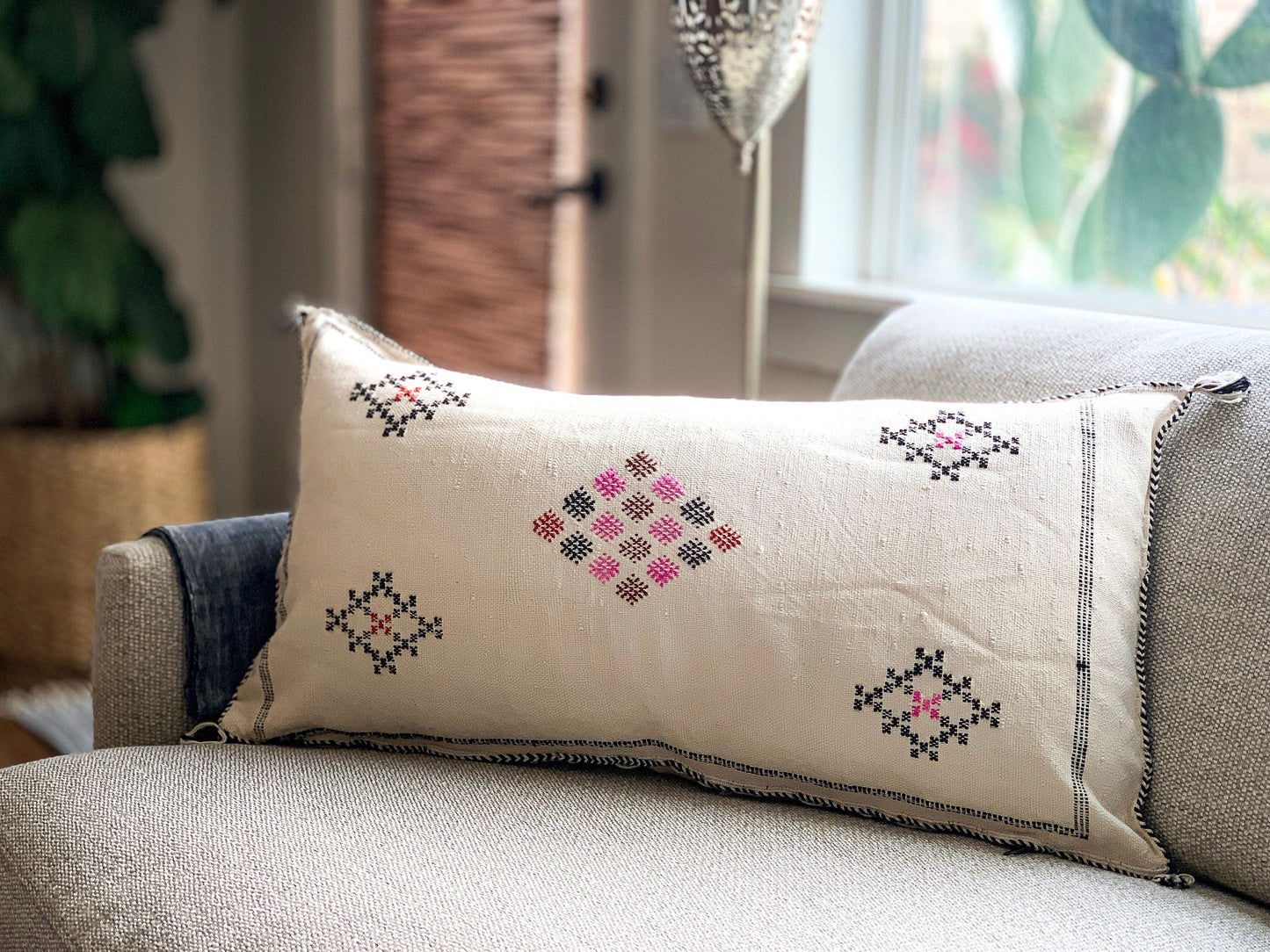 Moroccan Sabra, Cactus Silk Pillow, Large Lumbar, Bed Pillows, Pink, White