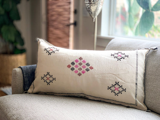 Moroccan Sabra, Cactus Silk Pillow, Large Lumbar, Bed Pillows, Pink, White