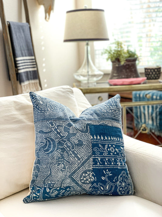 Vintage Chinese Batik Pillows, Light Faded Indigo, Square and Lumbar, Multiple Sizes Available