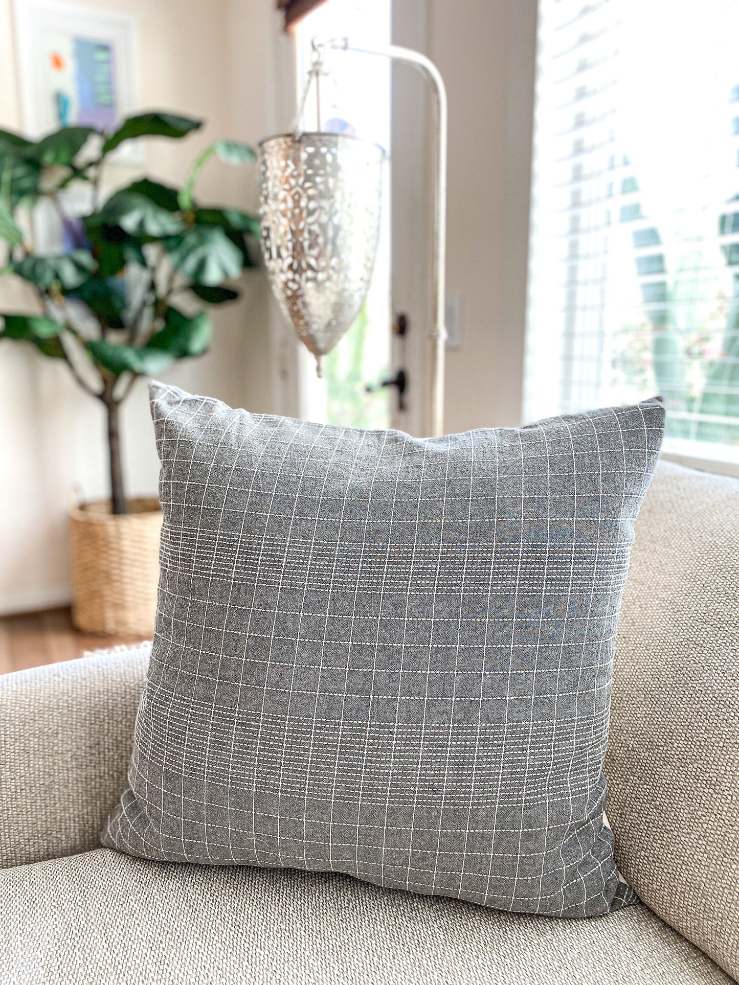 Hmong Pillow Cover, Gray, White