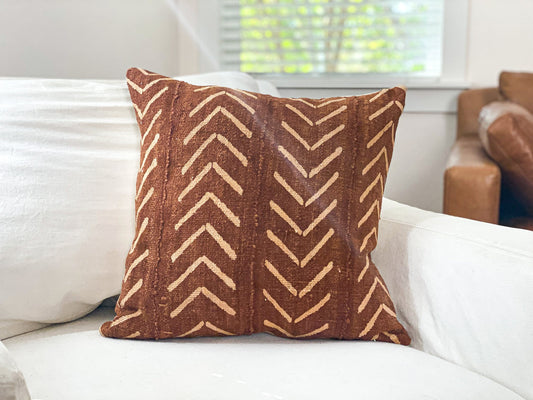 Authentic African Mudcloth Pillow, Rust Color, Boho Mud Cloth, Chevron Pattern.