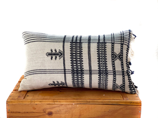 Indian Bedcover Lumbar Pillow, 100% Handwoven Cotton, Black and White, 12"x20"