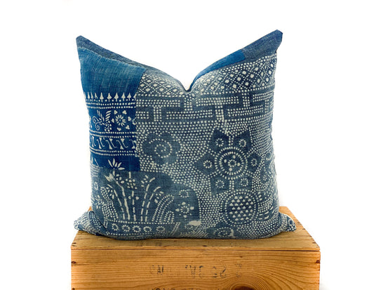 Vintage Chinese Batik Pillow | Light Faded Indigo | Rare Pattern and Patchwork