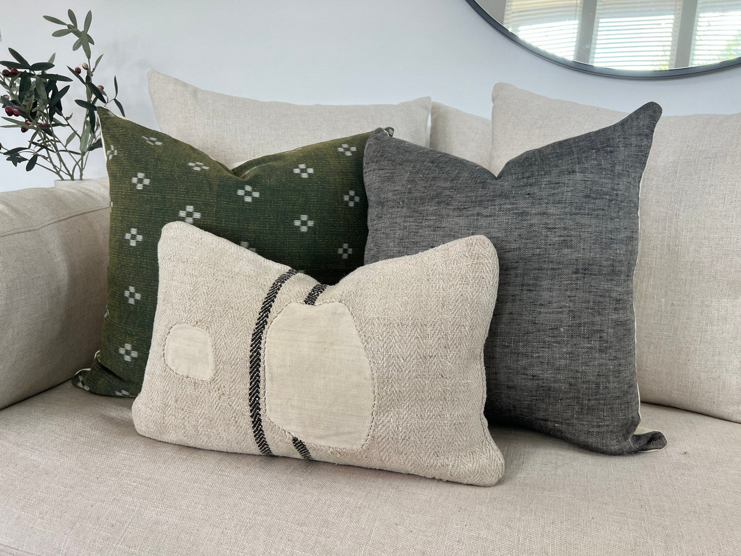 Throw pillow combo. Vintage grain sack, Indian block print, and linen.