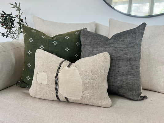 Throw pillow combo. Vintage grain sack, Indian block print, and linen.
